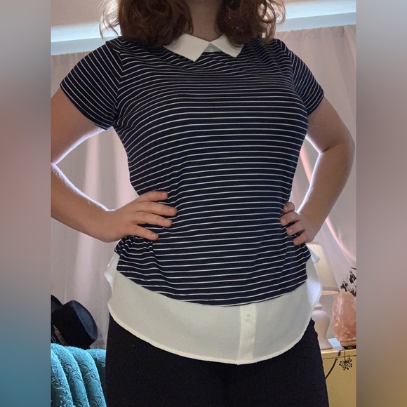 Faith and Joy Tops - White Stripped Navy shirt with a White Collar
